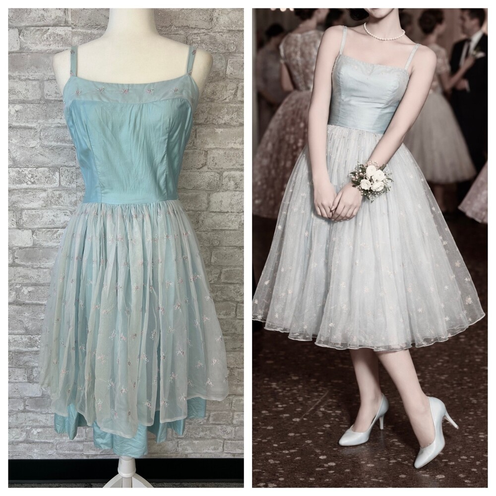 Vintage 1950s Taffeta Tea Length Dress Pale Blue White Embroidered Size S/M 4/6